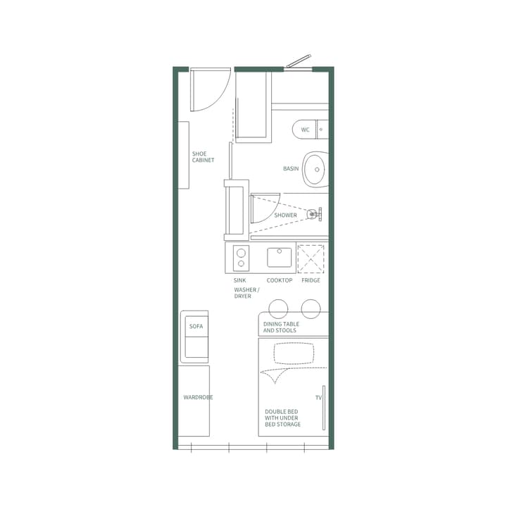 Floor plan illustration of the Premium Suite Double (Bench Layout) with English labels, showing the double bed, wardrobe, kitchen, and the small sofa placed next to the wardrobe.
