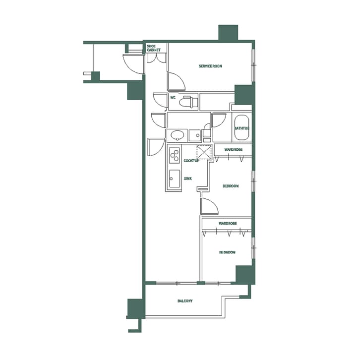 Monochrome line drawing of a two-bedroom apartment floor plan with a service room, balcony, bathtub, WC, and wardrobes, labeled in English.