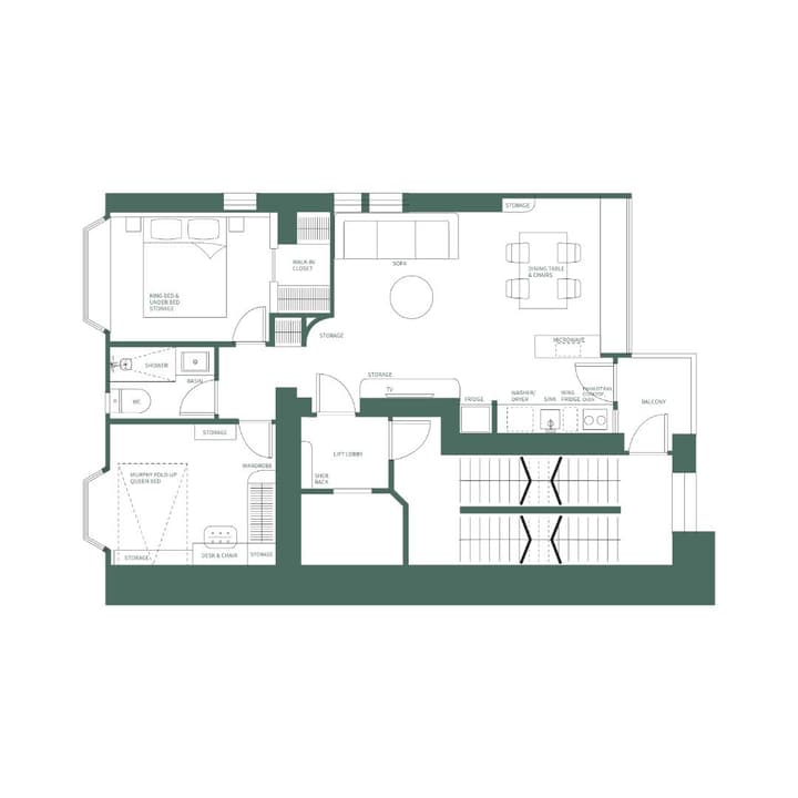 Floor plan of the Two-bedroom Residence at Weave Residences – Robinson, featuring two bedrooms (one with a Murphy bed), a living/dining area, and an open-concept kitchen layout.