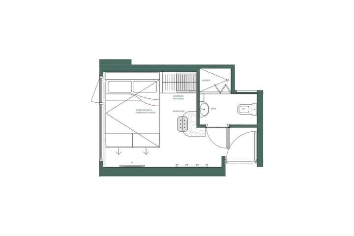 Green and white floor plan diagram for a compact queen studio unit. The layout includes a queen bed with under-bed storage, a wardrobe and fridge area, a small workspace with a TV, a toilet, basin, and a separate corner shower unit.