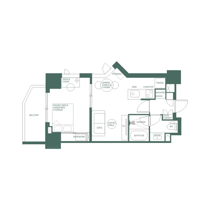 Apartment floor plan (Type C) layout showing a 1-bedroom unit with a double bed, integrated wardrobe, and separate kitchen and living spaces.