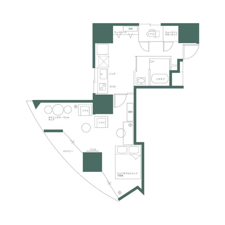 Schematic floor plan of the Weave Place Ueno South Urban Unit (1K) with a curved balcony, showing the unit layout with all labels in Japanese.