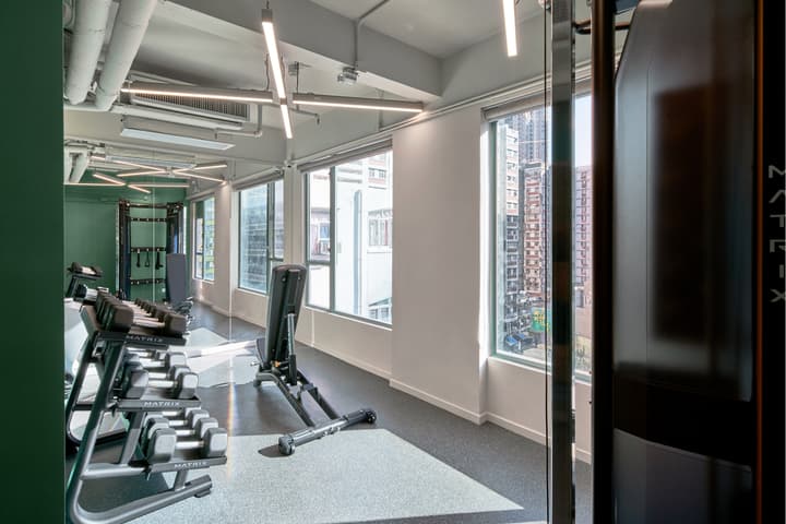 A modern fitness center or gym with multiple windows, a rack of dumbbells, a weight bench, and exercise equipment set against light green and white walls.