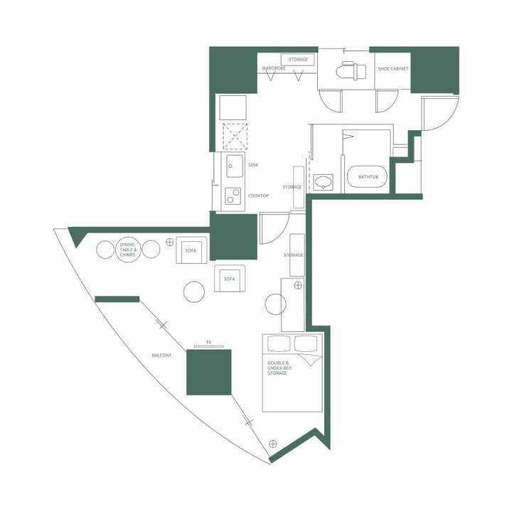 Schematic floor plan of a furnished studio apartment unit with a curved balcony, showing the layout of the double bed, seating area, dining table, kitchen, and bathroom with English labels.