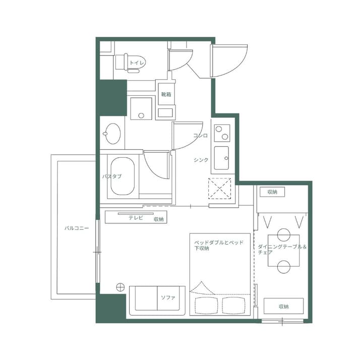 Monochrome line drawing of the one-bedroom apartment floor plan (Unit A), showing the layout of the kitchen, combined living/sleeping area, and balcony, with labels in Japanese for Monzennakacho.
