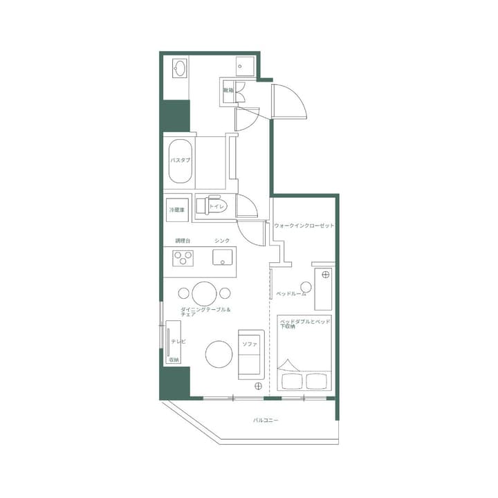 Schematic floor plan of a one-bedroom plus apartment unit with Japanese labels, highlighting the bedroom, walk-in closet, living space, kitchen, bathroom, and balcony.