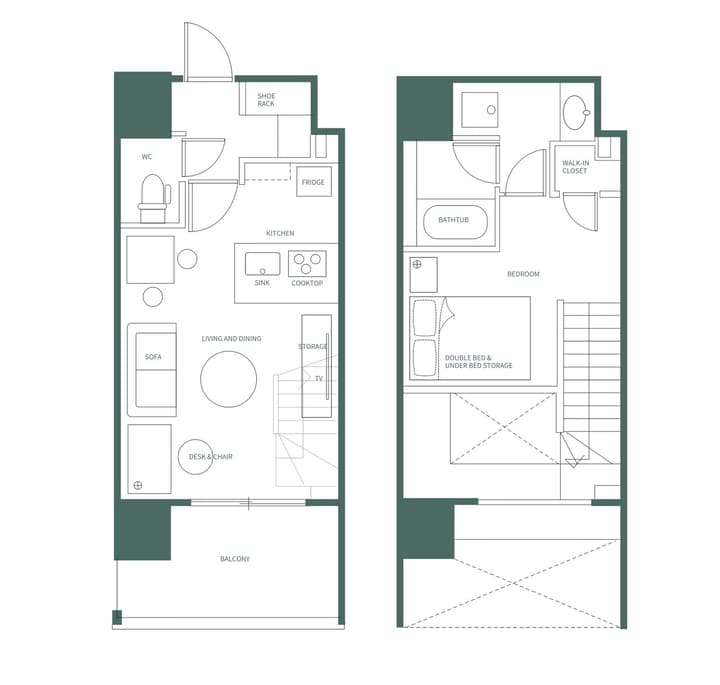 Floor plan diagram for a two-level loft unit at Waseda Park, showing the living area, kitchen, and balcony on the lower level, and the bedroom, bathroom, and walk-in closet on the upper level.