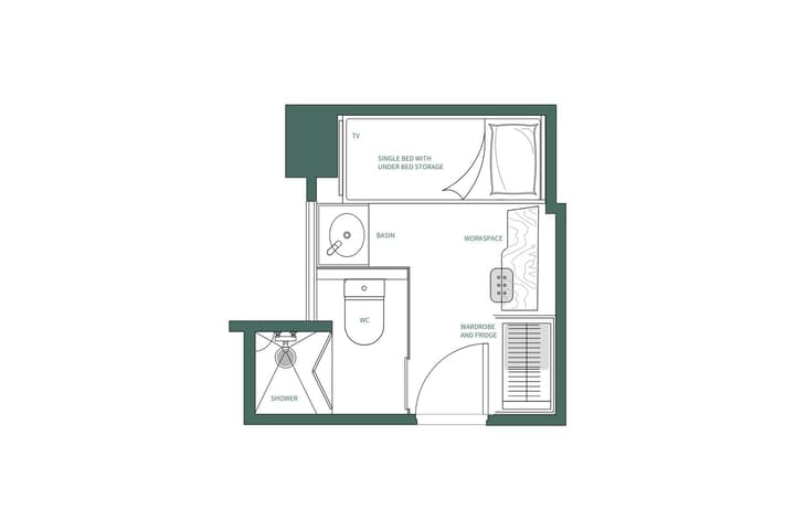 Top-down floor plan layout of a compact micro-studio apartment showing a single bed with under-bed storage, a separate workspace desk, a wardrobe/fridge area, and a private ensuite bathroom with a sink, toilet, and shower.