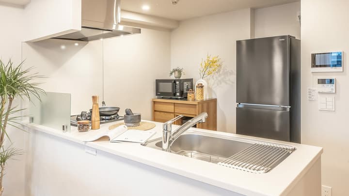 Modern, brightly lit apartment kitchen featuring white countertop, stainless steel sink, dark refrigerator, and a bar-style counter.