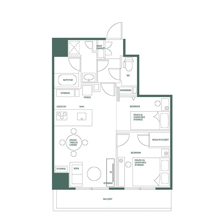 Detailed English-labeled floor plan for the Two Bedroom Plus unit, featuring two bedrooms, a walk-in closet, a full kitchen, a separate bathtub, and a balcony.