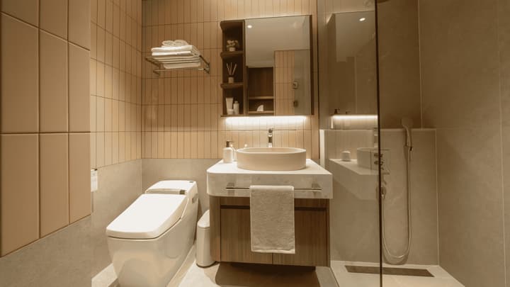 Modern apartment bathroom with a vessel sink, smart toilet, glass shower, and vertical cream-colored wall tiles, showcasing built-in storage and vanity lighting.