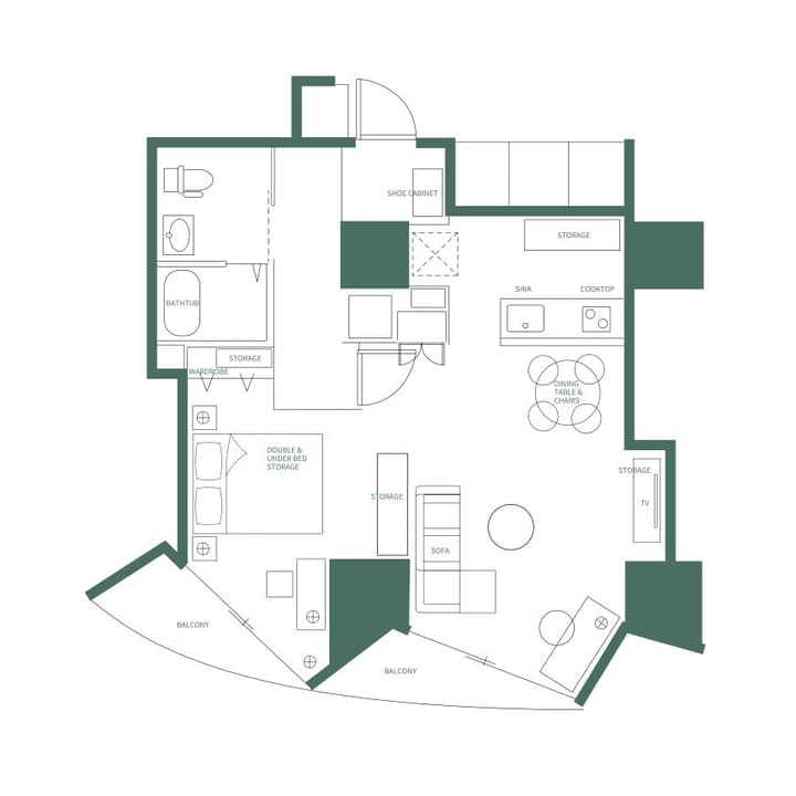 Schematic floor plan of a furnished Urban Plus unit, featuring a large living area with separate sofa and dining spaces, a double bed with storage, a kitchen, and two distinct balcony areas, with labels in English.