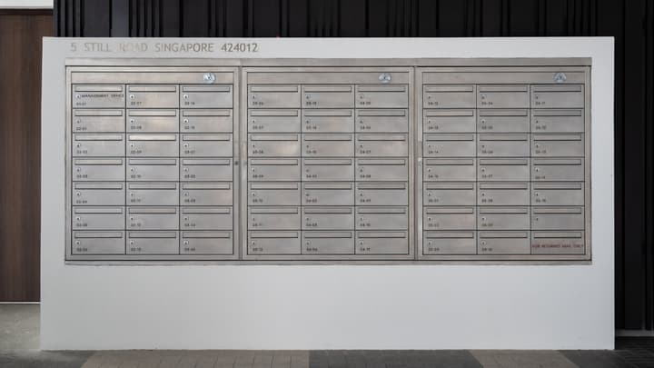 Bank of modern, silver-toned mailboxes for the residents, with the address 5 Still Road, Singapore 424012 displayed above.