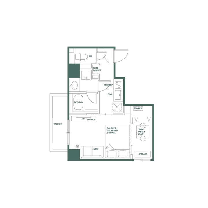 Monochrome line drawing of the one-bedroom apartment floor plan (Unit A), showing the layout of the kitchen, combined living/sleeping area, and balcony, with labels in English for Monzennakacho.
