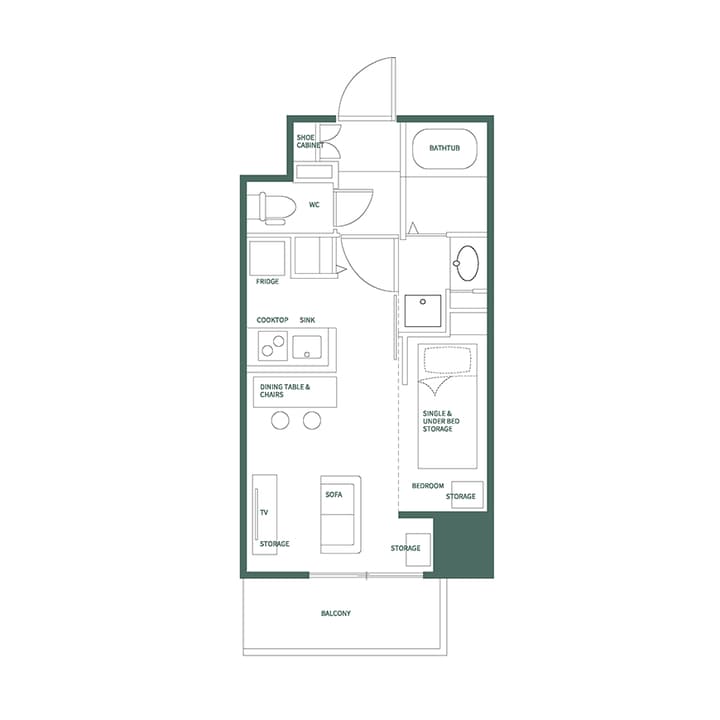 Floor plan for a one-bedroom unit, showing the layout of the balcony, living area, bedroom with storage, kitchen, and bathroom with English text labels.