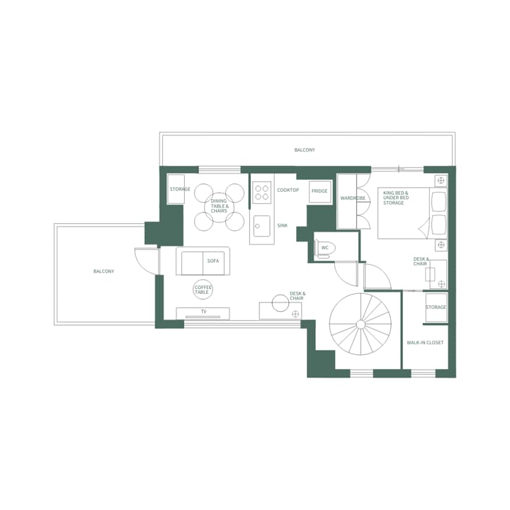 Upper level floor plan (Type V) for a duplex unit, showing the kitchen, living/dining area, and the top of the spiral staircase.