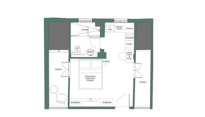 Architectural floor plan for the Midtown Garden Suite showing a queen bed, kitchenette, and a unique layout with terraces on two opposite sides of the unit.