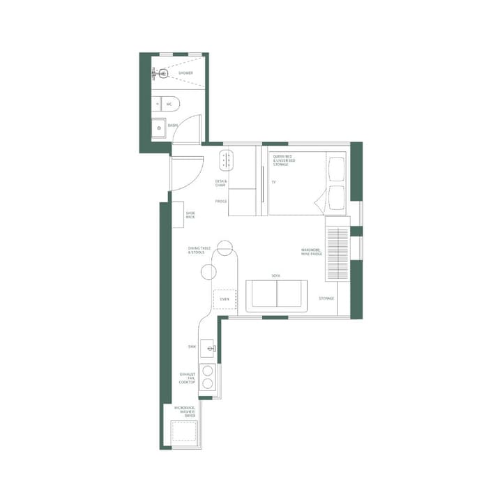Floor plan of the Urban Residence unit at Weave Residences – Mid-levels, showing a studio layout with a queen bed, kitchenette, dining area, desk, and separate bathroom.