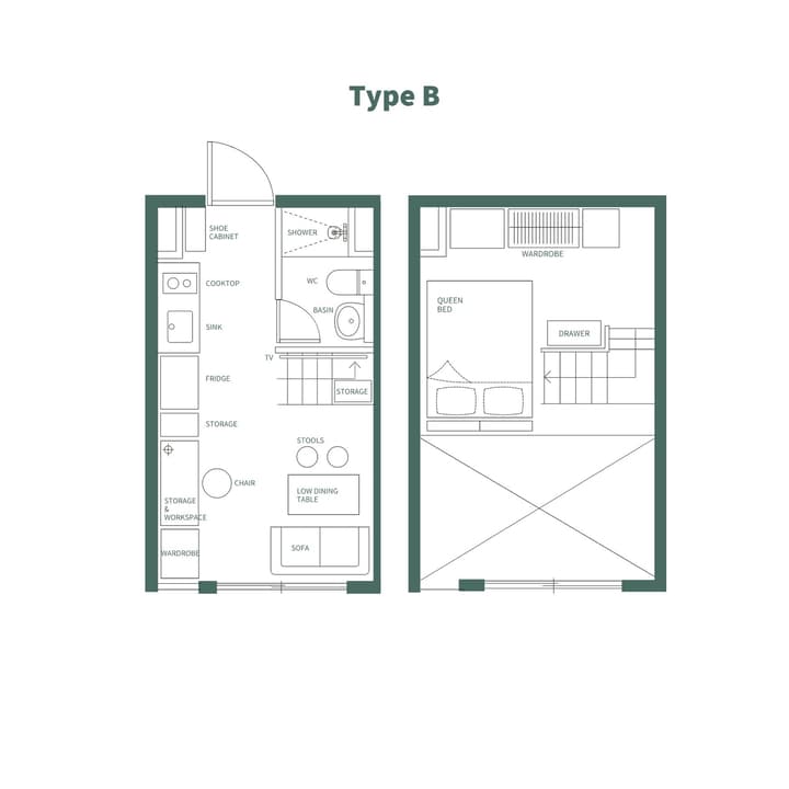 Architectural floor plan for a two-story loft unit, Type B, showing a ground floor with kitchen, bathroom, and living area with a low dining table, and a loft bedroom.