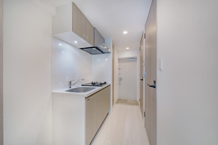 A view down the hallway showing the compact galley kitchen with light wood cabinetry, a stainless steel sink, a two-burner gas cooktop, and a light wooden floor.