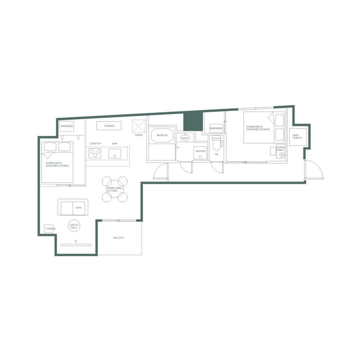 Detailed floor plan of a two-bedroom apartment unit with English labels, showing two separate double beds with under-bed storage, a central kitchen, living area with sofa and TV, a bathroom with tub and washer, and two wardrobes.