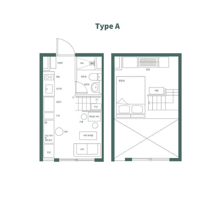 Architectural floor plan for a two-story loft unit, Type A, with all labels in Korean, detailing the layout of the ground floor and the loft sleeping area.