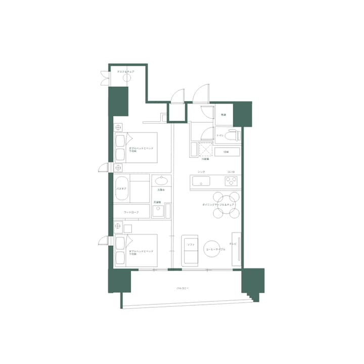 Top-down floor plan of a furnished 2LDK (two-bedroom, living, dining, kitchen) apartment layout with labels in Japanese.