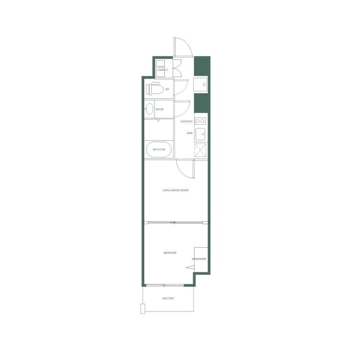 Floor plan for a one-bedroom apartment, Unit C2, showing the layout with a separated kitchen, living/dining area, and bedroom, with labels in English.