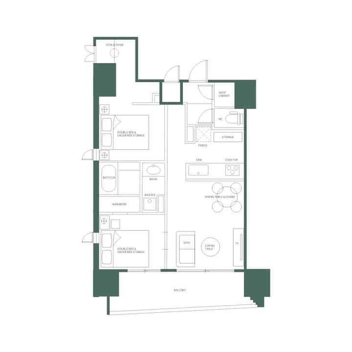 Top-down floor plan of a furnished 2LDK (two-bedroom, living, dining, kitchen) apartment layout with labels in English.