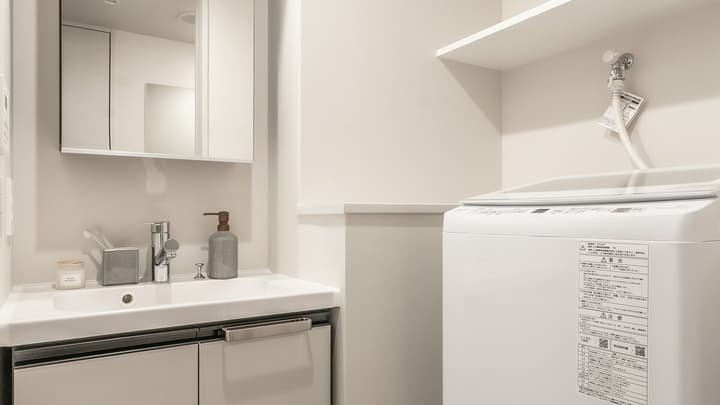 Modern vanity sink with a mirrored cabinet and a separate dedicated space for a white in-unit washing machine and storage shelf.