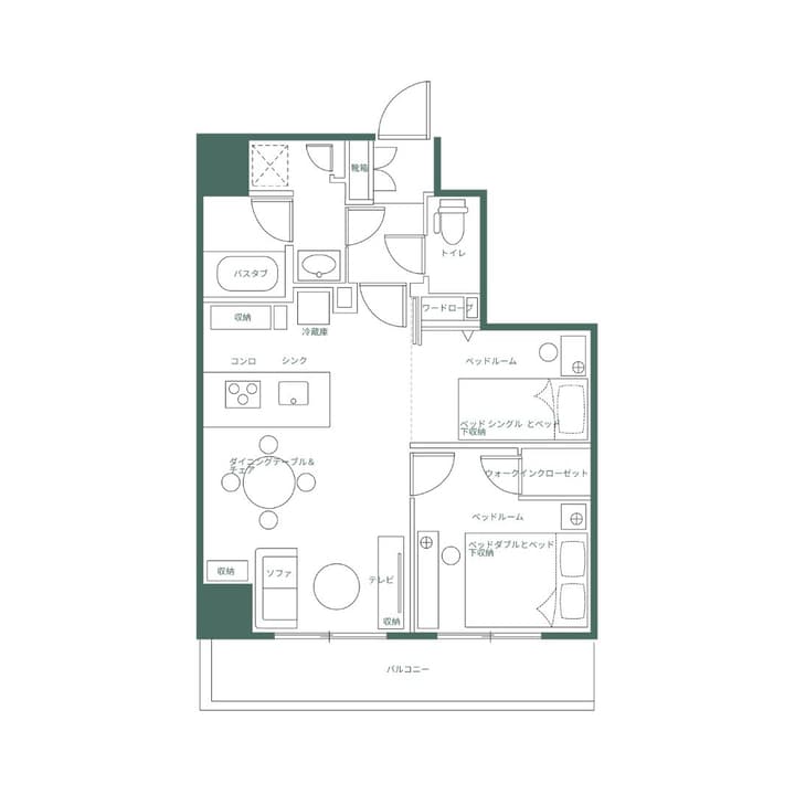 Japanese floor plan for the Two Bedroom Plus unit, illustrating an efficient layout with a central kitchen, two bedrooms, a walk-in closet, and separate bath/toilet areas.