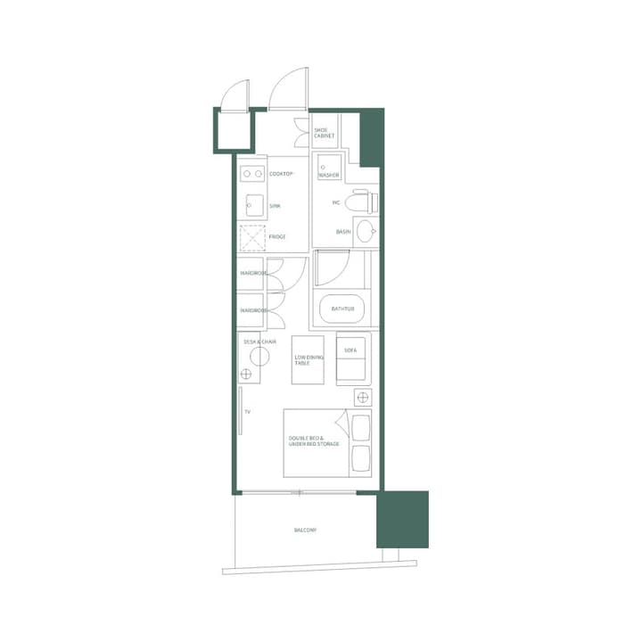 English floor plan for the Furnished B studio (1K) unit, detailing the long layout with a double bed, sofa, kitchen, wardrobe, bathtub, and balcony.
