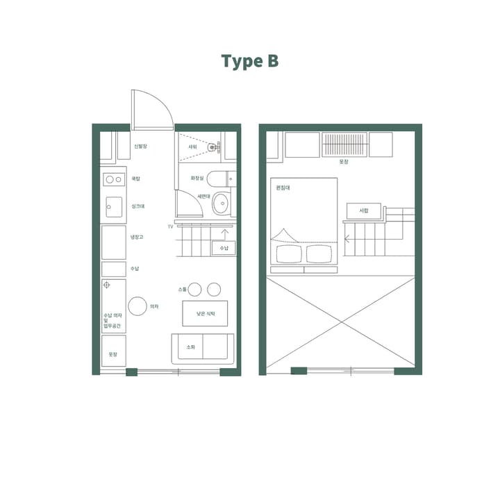 Architectural floor plan for a two-story loft unit, Type B, with all labels in Korean, detailing the layout of the ground floor and the loft sleeping area.