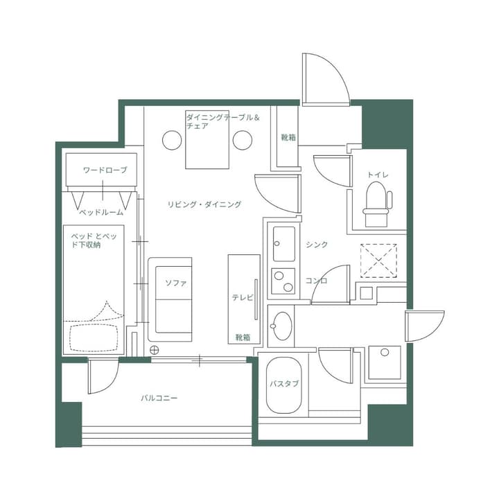 Monochrome line drawing of a one-bedroom apartment floor plan, showing the layout of the living and dining area, kitchen, bathroom, and balcony, with labels in Japanese for Monzennakacho.