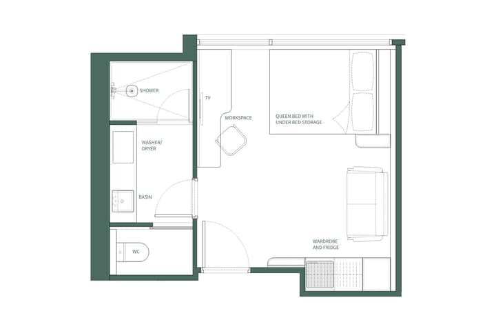 Floor plan of a Studio Queen Plus apartment at Weave Studios – Kai Tak, showing layout with bed, workspace, sofa, and private bathroom.