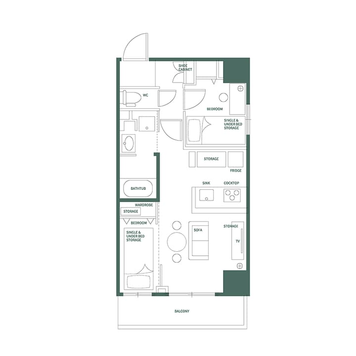 Detailed English-labeled floor plan for a rectangular two-bedroom unit in Asakusa, showing two bedrooms with single beds, a kitchen, living area, and a large balcony.