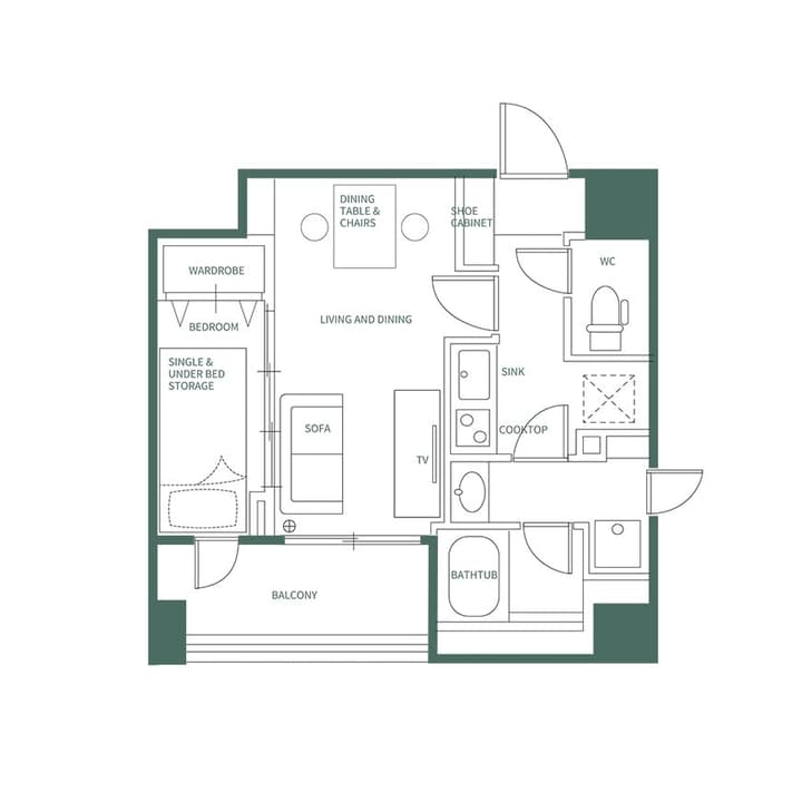 Monochrome line drawing of a one-bedroom apartment floor plan, showing the layout of the living and dining area, kitchen, bathroom, and balcony, with labels in English for Monzennakacho.