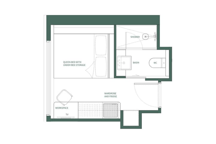 Top-down floor plan layout of a WSKT Studio Queen apartment, showing a queen bed with under-bed storage, a TV, a workspace, a combined wardrobe and fridge area, and a private ensuite bathroom with a basin, toilet, and shower.