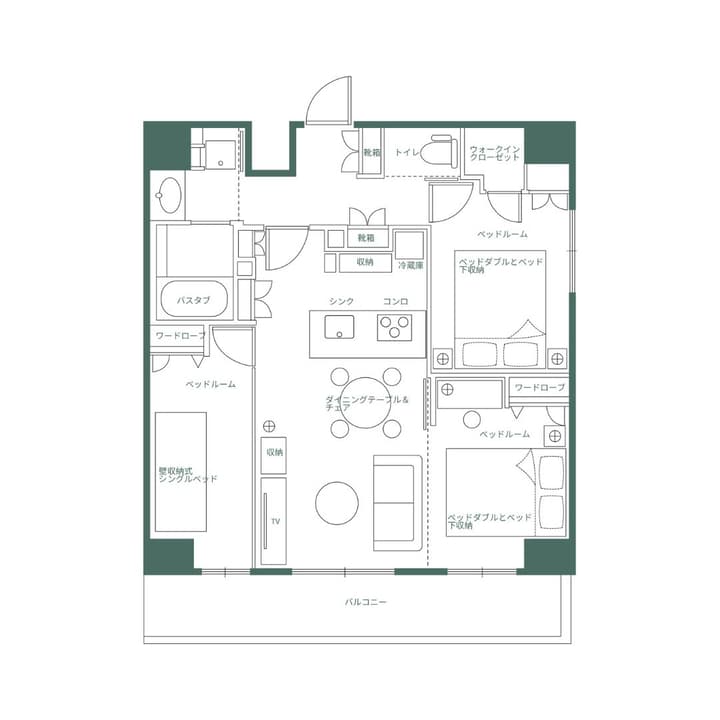 Japanese floor plan for the Three Bedroom Plus Unit in Asakusa, illustrating a large layout with three bedrooms, separate toilet and bath, and a shared living/dining/kitchen space.