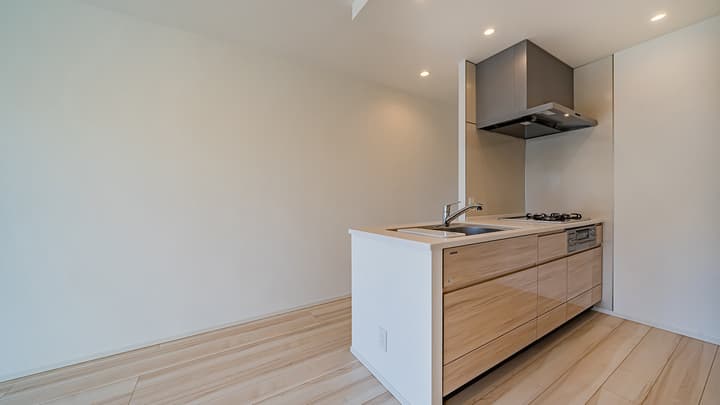 Modern, compact kitchen featuring light wood lower cabinets, a white countertop with a sink and cooktop, and a stainless steel range hood.
