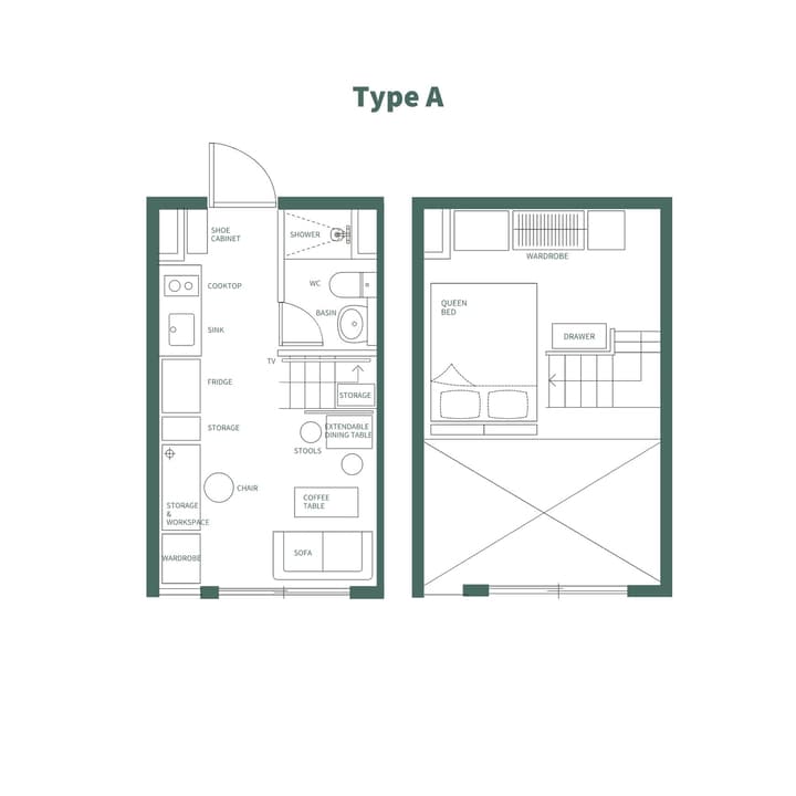 Architectural floor plan for a two-story loft unit, Type A, showing a ground floor with kitchen, bathroom, and living area with an extendable dining table, and a loft bedroom.