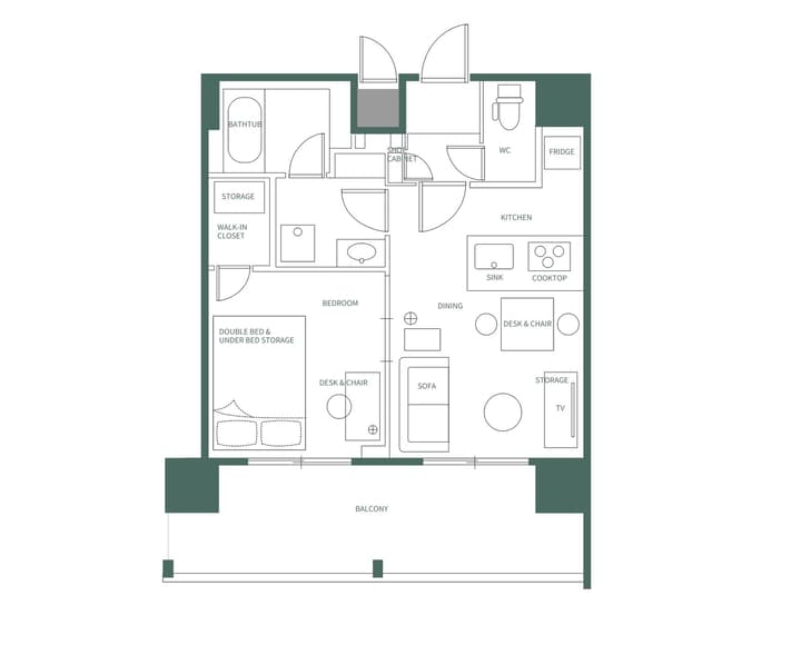 Detailed floor plan of the One Bedroom Plus unit with English labels, featuring a walk-in closet, double bed, and separate living/dining areas.