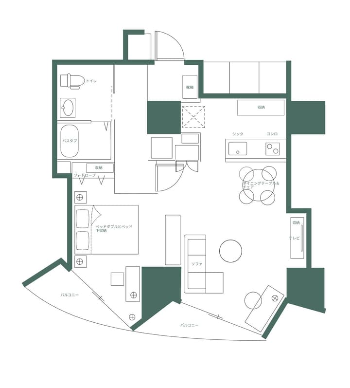 Schematic floor plan of the Weave Place Ueno South Urban Plus Unit, showing a layout with a combined living/dining/sleeping area, a kitchen, and two balconies, with all labels in Japanese.