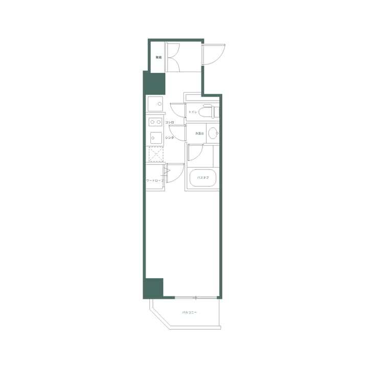 Floor plan for a studio apartment, Unit E, showing the layout with a compact kitchen, bathroom, wardrobe, and balcony, with labels in Japanese.