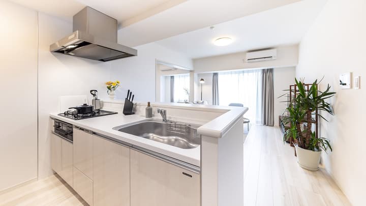 Contemporary kitchen area with light wood cabinets, a stainless steel sink and gas stovetop, and a white bar counter opening up to the main living space.