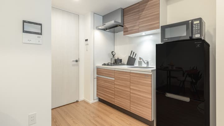 View of the compact, modern kitchenette featuring light wood-grain cabinets, a gas cooktop, a dark Sharp refrigerator, and a microwave oven, with a bright overhead light.
