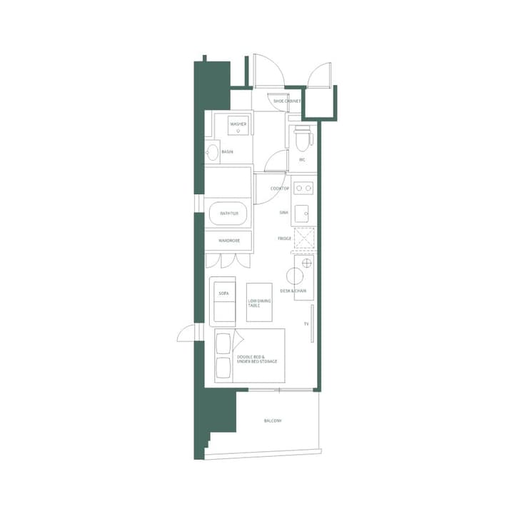 English-labeled floor plan for a long, narrow studio (1R) apartment, showing the layout of the double bed, sofa, kitchen, bathroom with washer and bathtub, and balcony.