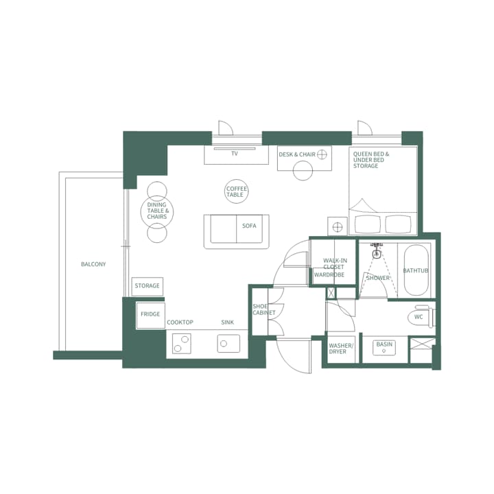 Apartment floor plan (Type G) layout showing a 1-bedroom unit with a walk-in access wardrobe, separate bathroom, and a balcony.