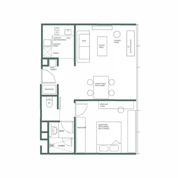 Architectural floor plan for a one-bedroom suite featuring a separate kitchen area, living/dining room, and a dedicated bedroom with a queen bed and under-bed storage.