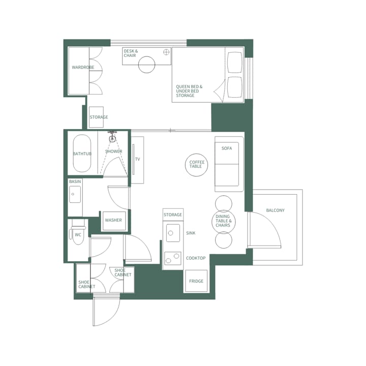 Detailed floor plan of a Type J studio apartment with a separate wet area (bathtub, shower, toilet) and an open-concept living/kitchen/bedroom area.